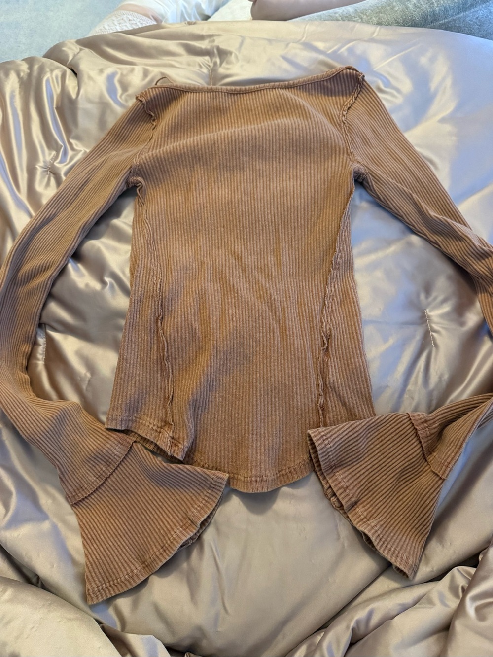 Free People We The Free Ribbed Bell Sleeve Top Camel Tan Small